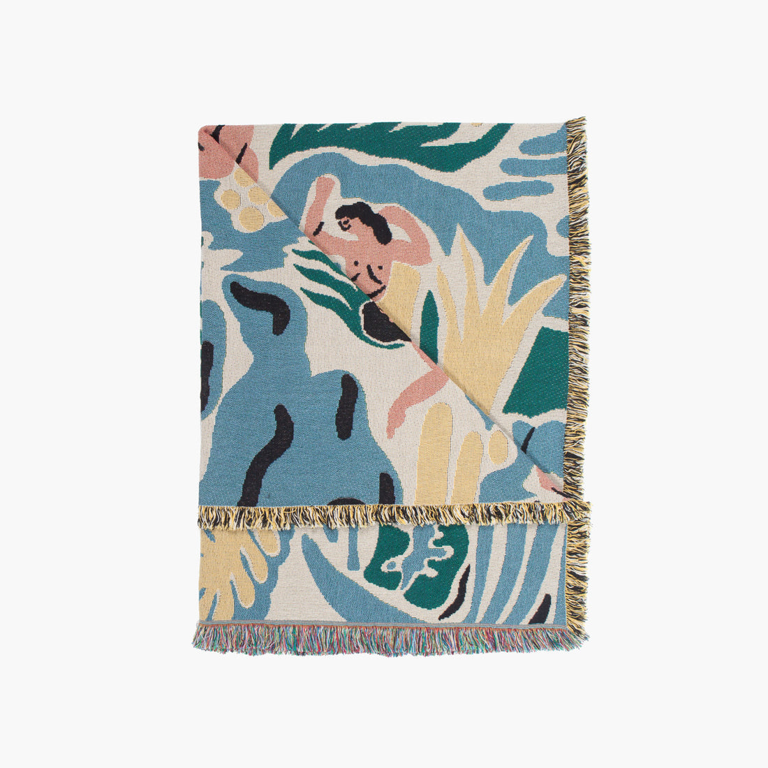 Detail of Kimbie woven throw blanket by Maitaimai showing woven texture and illustrated pattern