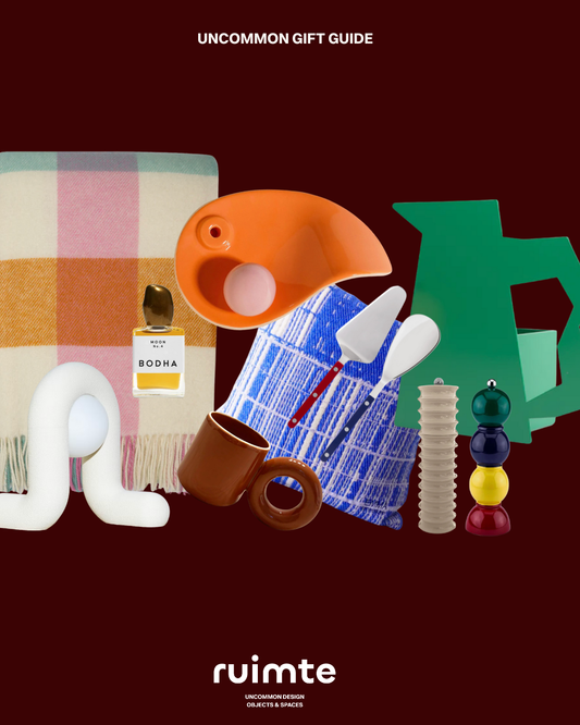 Ruimte desginer gift collection for her and him. Collection of contemporary lighting, unique ceramic, colorful pepper mills, wool blankets, textiles by Emma Terweduwe, contemporary vases and scents. 