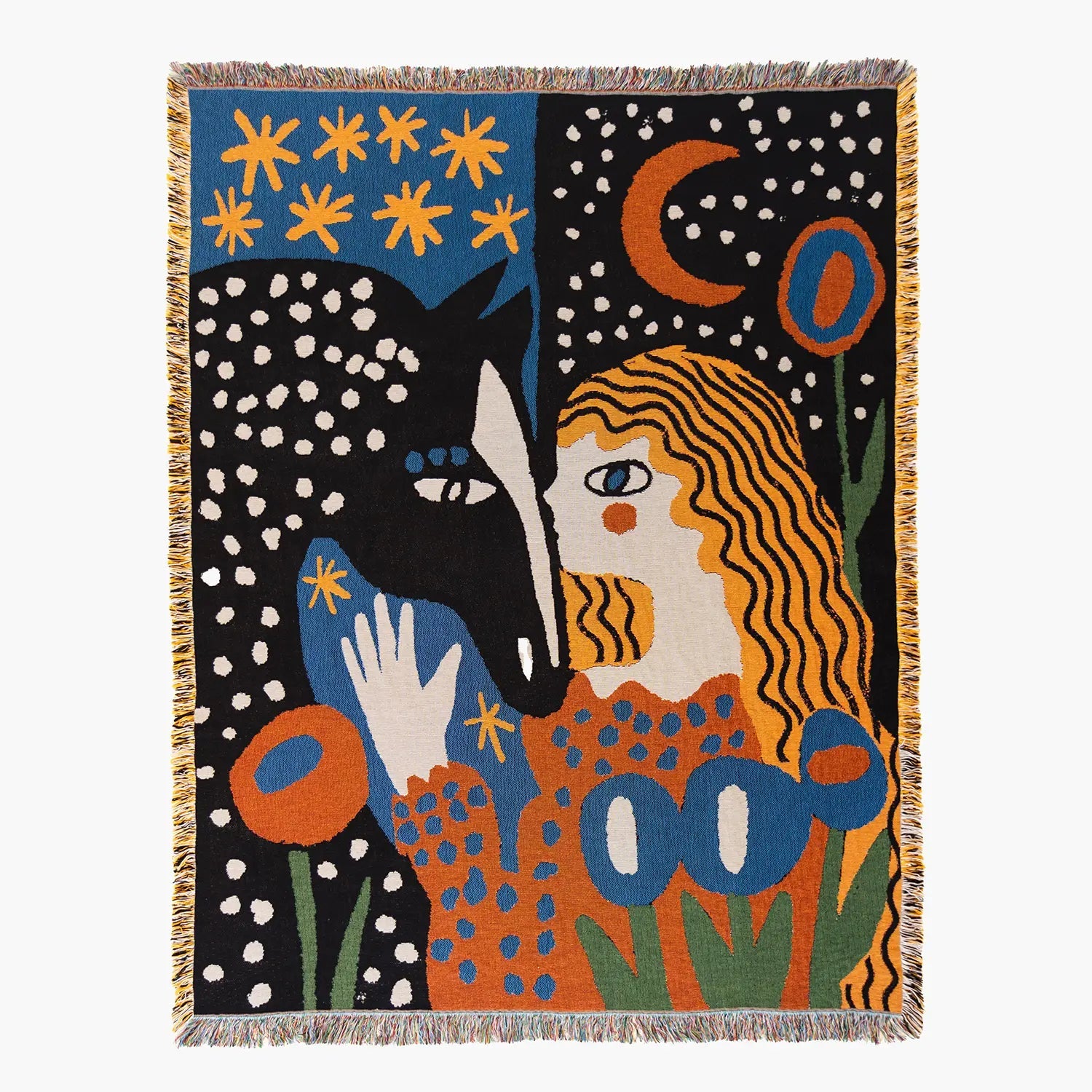 Alma woven blanket by Enikő Katalin Eged featuring abstract female figure and bold colors, presented as textile wall art