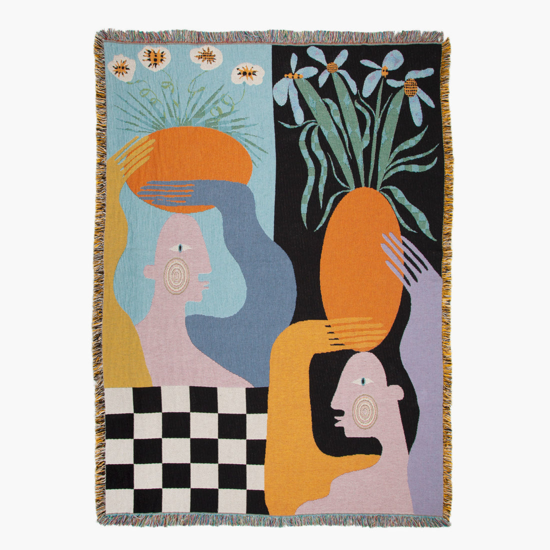Moretti woven throw blanket by Imogen Sinclair with graphic illustrated figures and floral pattern, functional art textile