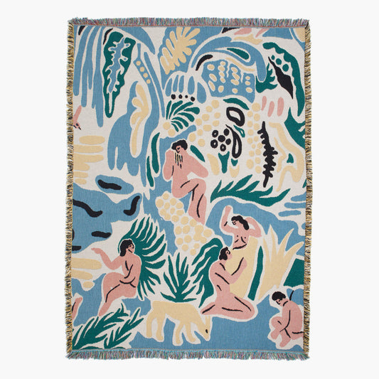Kimbie woven throw blanket by Maitaimai with illustrated figures and botanical pattern, functional art textile